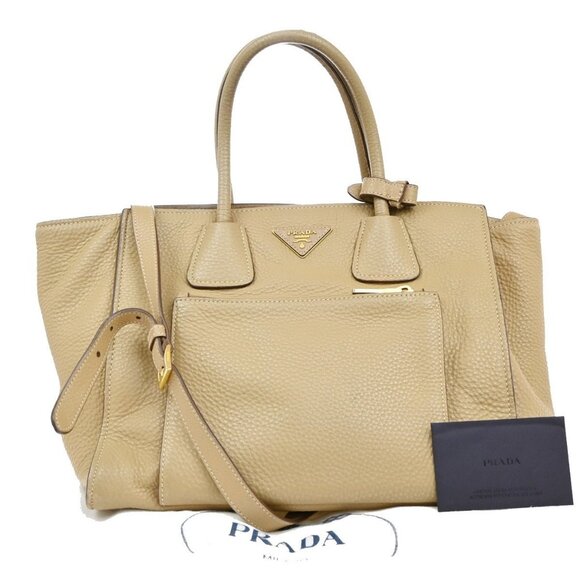 PRADA 2Way Shoulder Hand Tote Bag Vitello Daino Leather Beige GHW Italy - Picture 1 of 16